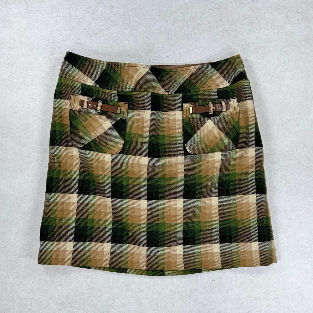 Ann Taylor Loft Green Plaid Wool Blend Mini Skirt Buckle Detail Size 12